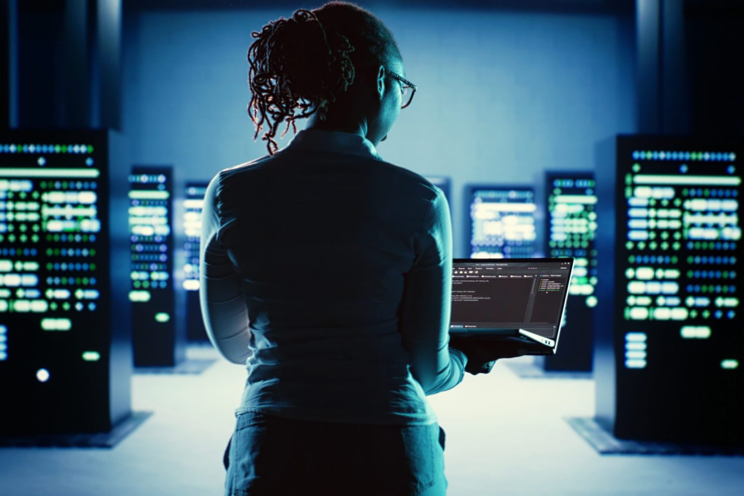 Dilligent worker running code on laptop, troubleshooting and upgrading high tech workplace infrastructure designed to accommodate server components, networking systems and storage arrays